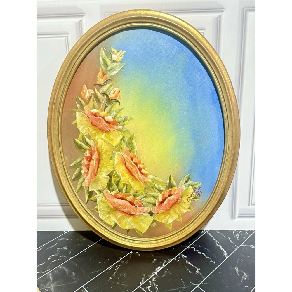 Vintage Original Oval Framed Oil Painting Signed By Artist Julia Floral Roses - Picture 3 of 8